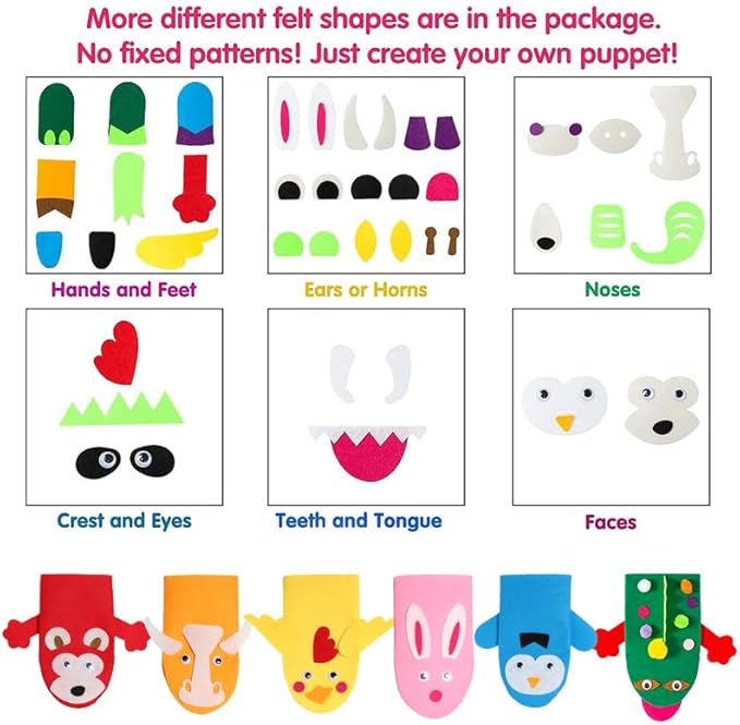 WATINC 6Pcs Hand Puppet Making Kit, Art Craft Felt Sock Puppet Toys, Creative DIY Make Your Own Pompoms Wiggle Googly Eyes Storytelling Role Play Party Supplies Gift for Girls Boys (Animals)
