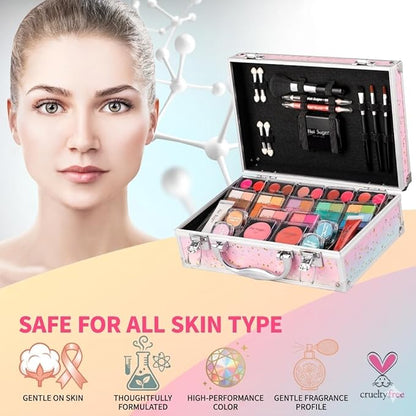 Hot Sugar Makeup Kit for Teenager Girls - Full Starter Cosmetics Set with Eye Shadow Lip Balm Blush Lip Gloss Brush Lip Pencil Eye Pencil and Mirror (Rainbow)