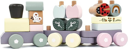 Wooden Stacking Train Toy Set,Wooden Building Blocks Train with Shape Sorter Early Learning Gift for Toddlers Boys Girls 12 Months and up