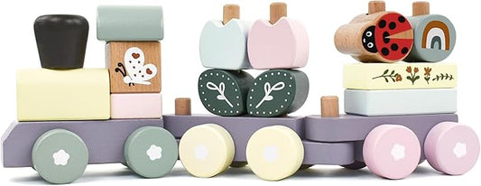 Wooden Stacking Train Toy Set,Wooden Building Blocks Train with Shape Sorter Early Learning Gift for Toddlers Boys Girls 12 Months and up
