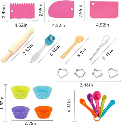 Real Kids Cooking and Baking Set - 24 Pcs Kids Chef Role Play Costume Set Includes Cake Apron, Chef Hat, Cooking Mitt, Utensils, Cupcake Molds for Toddler Boys and Girls Ages 3+