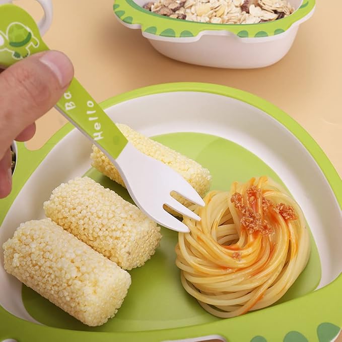 Bamboo Kids Dinnerware Set 5 Pcs Includes Plate Bowl Cup Fork Spoon Perfect for Kids BPA-Free (Tortoise)