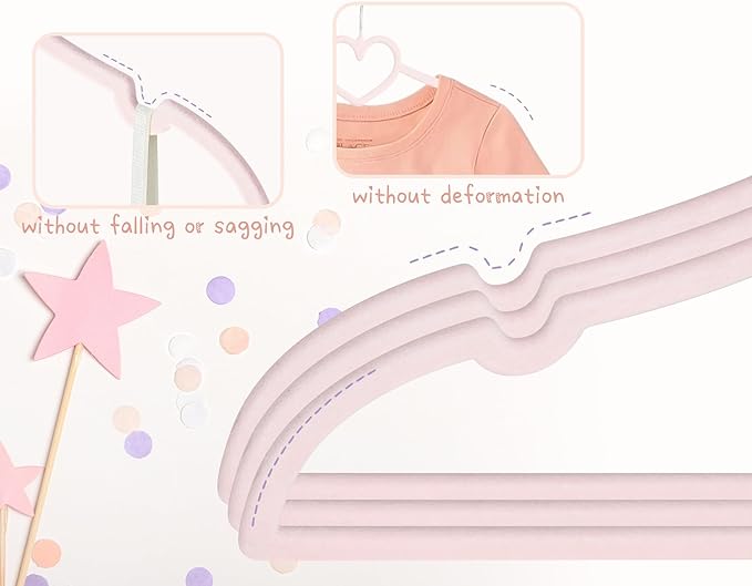 Kids Pink Velvet Clips Hangers - 13inch 50 Pack Baby Hanger with 20pcs Movable Clips, Stackable Non-Slip Heart Flocked Hangers Fit for Children and Toddler, Heavy-Duty and Space-Saving(Silver)