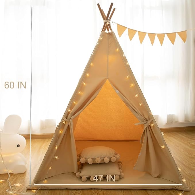 RongFa Teepee Tent for Kids-Portable Children Play Tent Indoor Outdoor (Apricot with Mat)