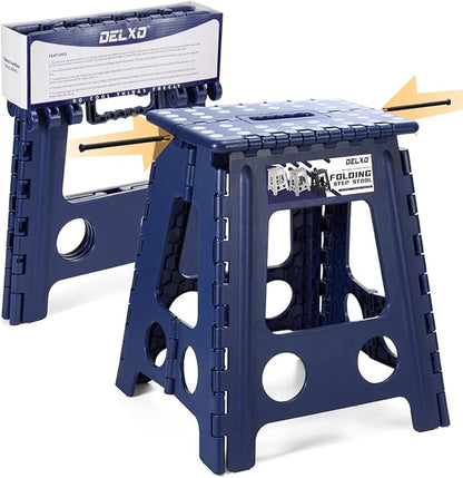 Delxo 16” Folding Step Stool in Royal Blue,1 Pack Premium Heavy Duty Foldable Stool for Adults,Portable Collapsible Plastic Step Stool,Non Slip Folding Stools for Kitchen Bathroom Bedroom Up to 400LBS