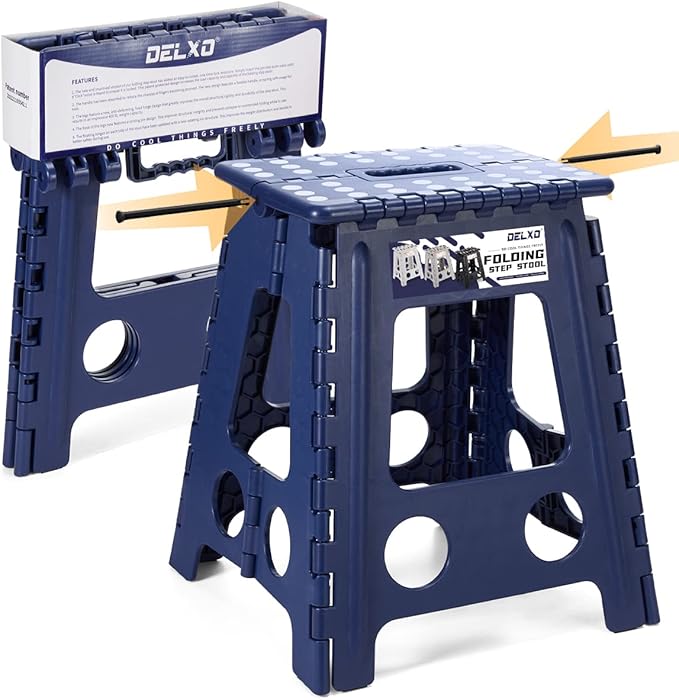 Delxo 16” Folding Step Stool in Royal Blue,1 Pack Premium Heavy Duty Foldable Stool for Adults,Portable Collapsible Plastic Step Stool,Non Slip Folding Stools for Kitchen Bathroom Bedroom Up to 400LBS