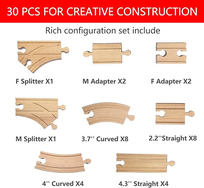 Wooden Train Track 30 Piece Set, Train Track Expansion Compatible with All Major Railroad Brands Including Thomas Wooden Train, Brio, Thomas The Tank Engine