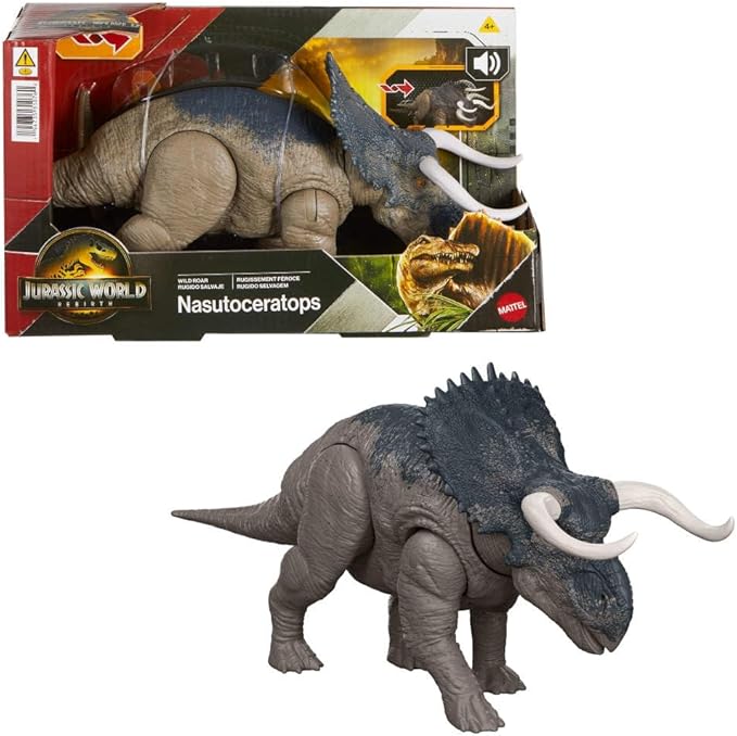 Mattel Jurassic World Rebirth Wild Roar Nasutoceratops Dinosaur Toy with Tail-Controlled Chomp Multi-Direction Attack & Sound, Posable & Digital Play