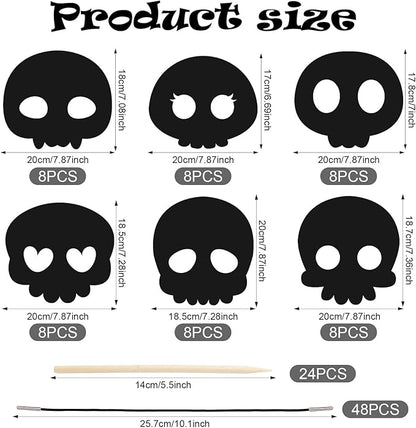48pcs Halloween Scratch Mask, Skull Magic Scratch Paper Art Masks Set Funny Paper Art Craft Kit Halloween Party Favor Supplies for Kids