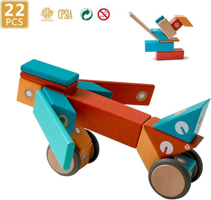 MAGBLOCK Magnetic Wooden Blocks Set, 22 Pieces STEM Travel Creativity Magnet Block Toys for 3 4 5 Year Old Age Girls Boys