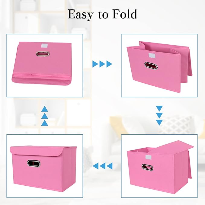 STOREONE Fabric Storage Cube Bins Foldable Organizer Container Collapsible Basket with Lids and Metal Handles, for Home, Bedroom, Closet 6 Pcs (Pink)