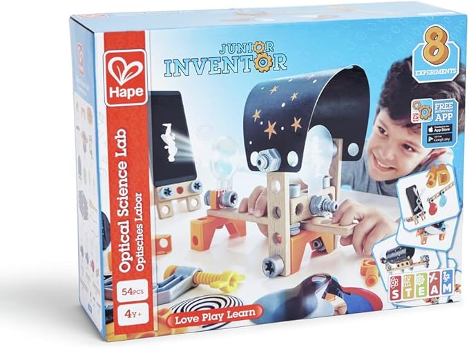 Hape Junior Inventor Optical Science Lab | 53 Piece STEAM Wooden Playset, Experiments & Reactions Science Kit for Kids 4+ Years (E3034A)