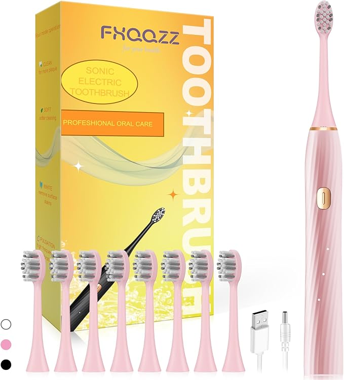 Electric Toothbrush for Adults and Kids, Sonic Electric Toothbrush, 4 Modes and 2 Minute Timer, 30000-45000VPM Power Toothbrush, IPX8, One Charge for 90 days 8 Replacement Head, Christmas Gift (Pink)