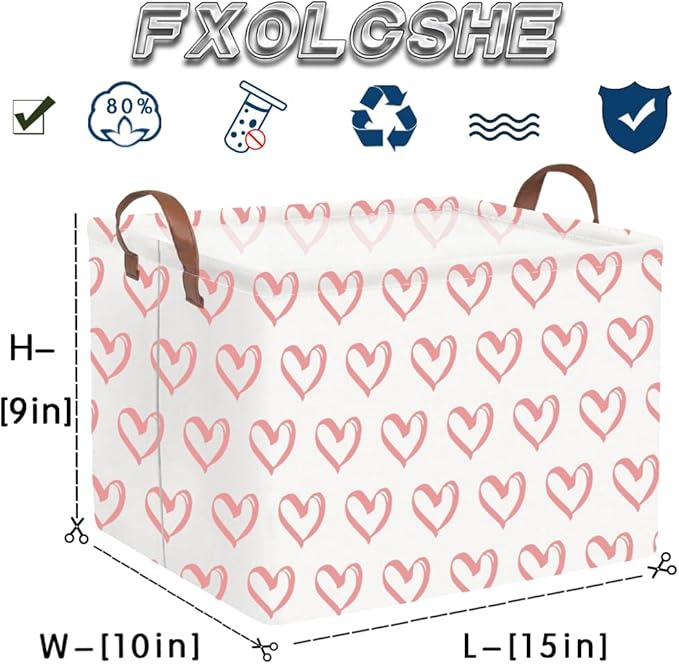 FXOLCSHE Rectangular Valentines Basket,baby Gift Baskets Empty,Pink Gift basket with Handle Organizer,Heart Print easter Baskets,Girl Room Decor(Pink hearts)