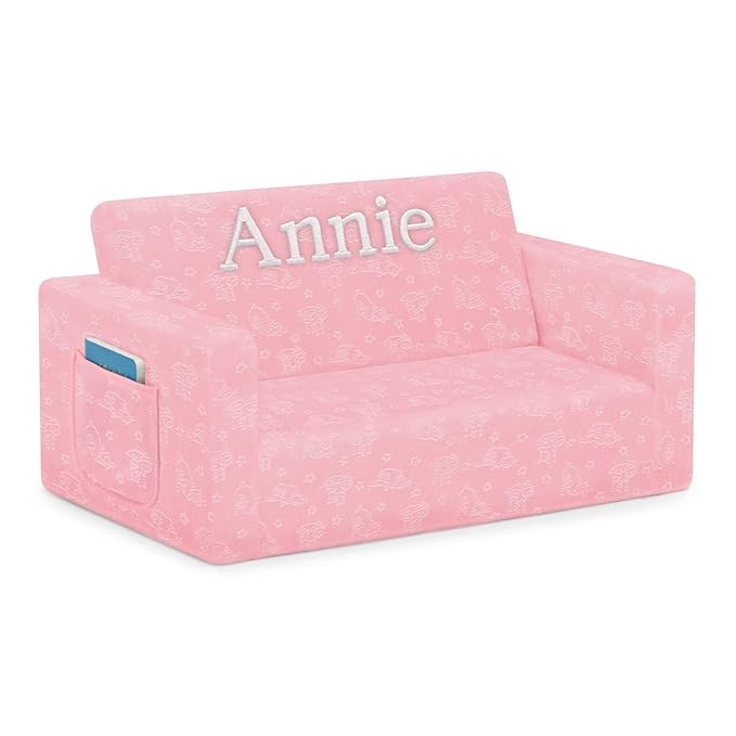 Delta Children Serta Perfect Sleeper Personalized Extra Wide Convertible Sofa to Lounger, Comfy 2-in-1 Flip Open Couch/Sleeper for Kids, Pink