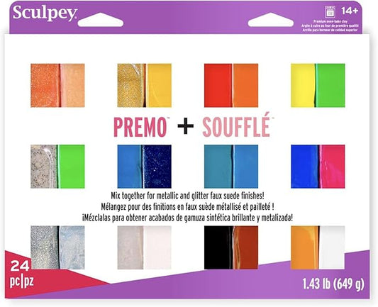 Sculpey Soufflé™ & Sculpey Premo™ Premium, Polymer Oven-Bake Clay, 24 Unique Colors Set, Non Toxic, 1.43 lbs., Great for Jewelry Making, Holiday, DIY, Mixed Media and More!