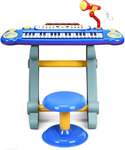 Costzon 37-Key Kids Piano Keyboard Toy, Toddler Electronic Musical Instrument Educational Toy w/Microphone, Multiple Sounds, Record Playback, Lights & Stool, Birthday Gift for Girls Boys Age 3+, Blue