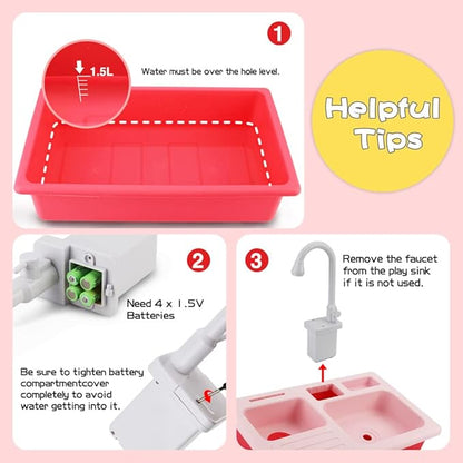BOBXIN Play Sink with Running Water, Kids Pretend Play Kitchen Toy Sink for Girl, Role Play Electric Dishwasher Kitchen Water Toys Set with Upgraded Working Faucet and Dishes Playset for Boy Toddler
