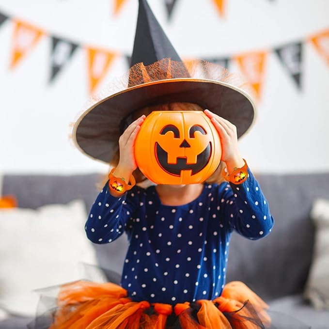 ArtCreativity Light Up Halloween Bracelets, Set of 6, Jack o Lantern Wristbands for Kids with 3 Light-Up Modes, LED Halloween Costume Accessories, Halloween Party Favors and Non-Candy Treats