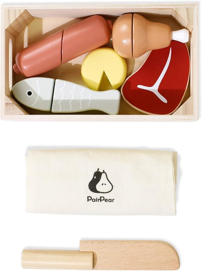 PairPear Wooden Play Food Cutting Meat Set - Wooden Toys for Toddlers Toy Food Play Kitchen Accessories