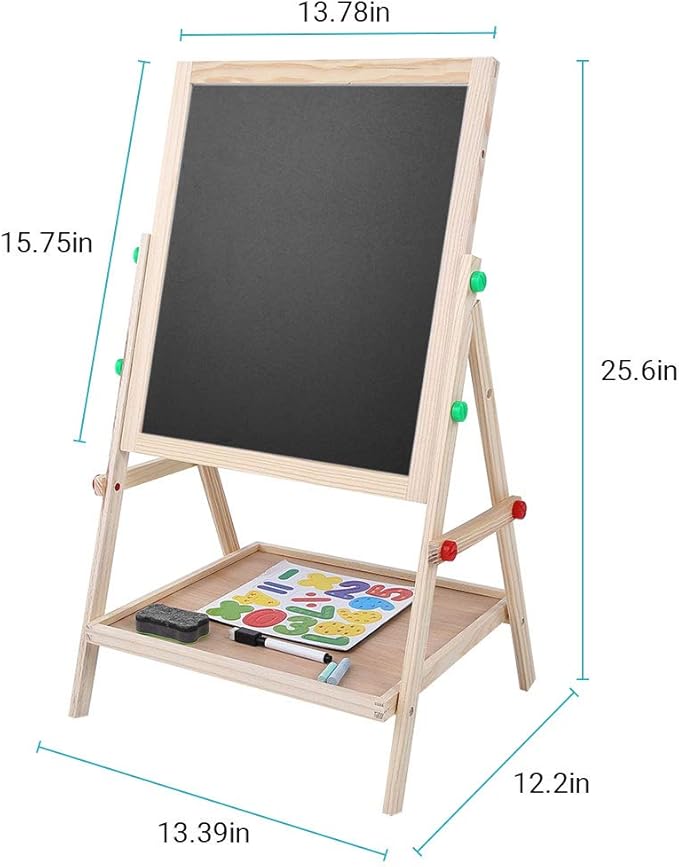 2-in-1 Easel for Kids, Height Adjustable Double Sided Art Painting Activity Easel Standing Wooden Dry Erase Board with Whiteboard Chalkboard for Toddlers Boys Girls