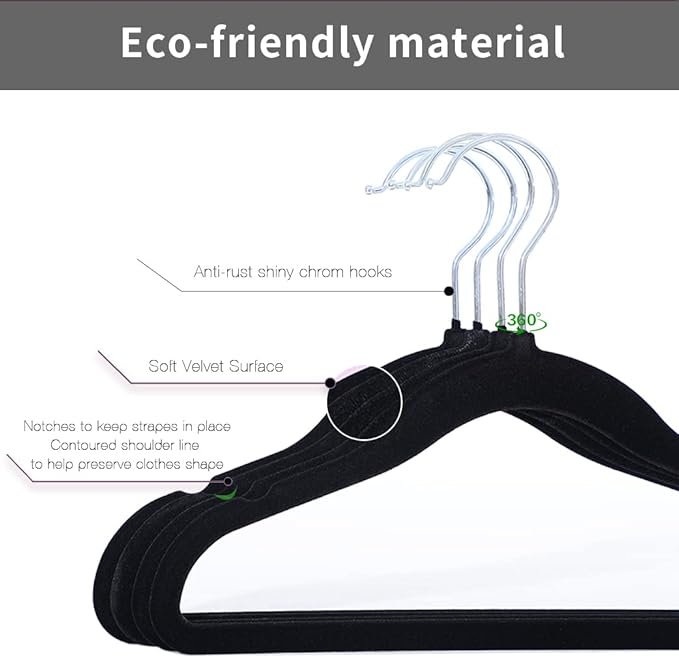 Kids Velvet Clothes Hangers, Non Slip Baby Hangers Black (11.6" Inch - 40 Pack)