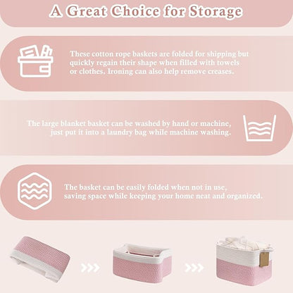 Goodpick Woven Storage Basket, 13" x 10" x 9" Storage Baskets for Organizing, Rope Gift Basket with Handles, Baby Baskets Kids Toy Organizer for Living Room, Pink