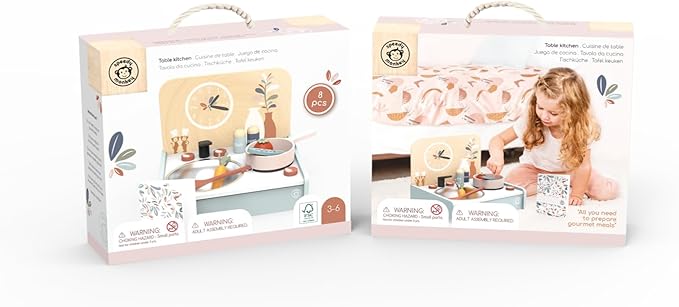SPEEDY MONKEY Table-Set Kitchen with 8 Accessories, Portable Wooden Kitchen Toy with Stovetop, Spatula, Pan & More, Encourages Creative Play, Ideal for Kids to Cook, Serve and Clean Up