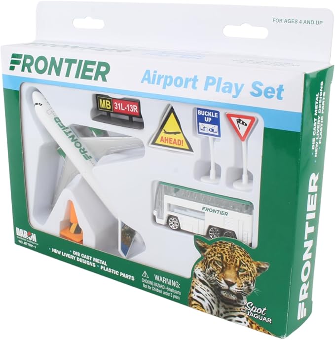 Daron Frontier Airlines Spot The Jaguar Airport Playset with Die-Cast Metal Model Airplane with Plastic Parts, Cars and Transportation Toys for Kids Ages 3+