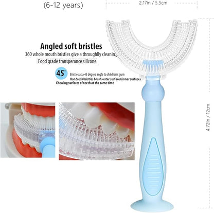 U Shaped Toothbrush Kids,Children Tooth Brush with Replaceable Soft Food Grade Silicone Heads 3 PCS, Whole Mouth Teeth Cleaning for Age 6-12 Years Blue