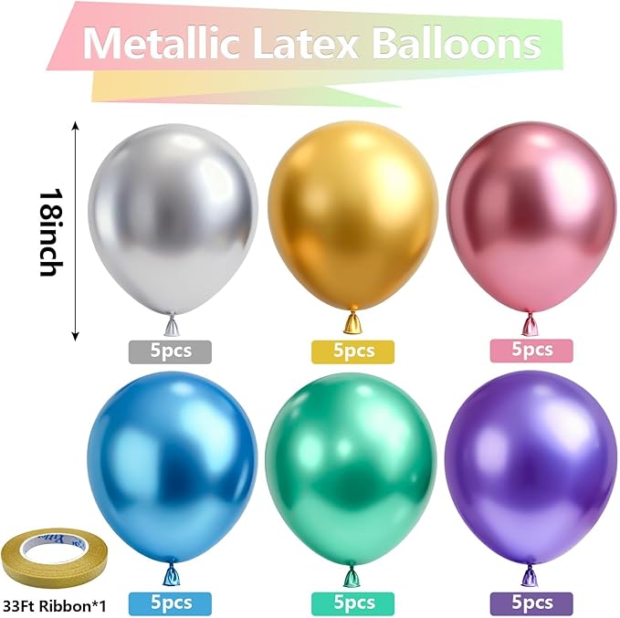 Bezente Metallic Chrome Balloons 18 Inch - 30 Pack Assorted Latex Balloons Big Round Colorful Party Balloons for New Years Birthday Bridal Shower Wedding Decorations 2026