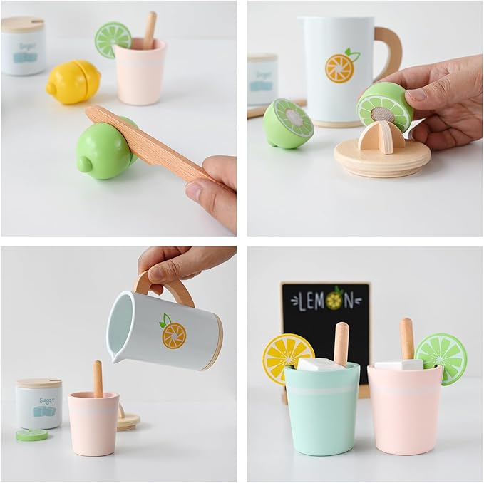 PairPear Wooden Toys Lemonade Playset,Kids Play Food Pretend Play Lemonade Stand Kit,Play Kitchen Grocery Maket Acessories Gift for Toddler Girls and Boys 3 Years+