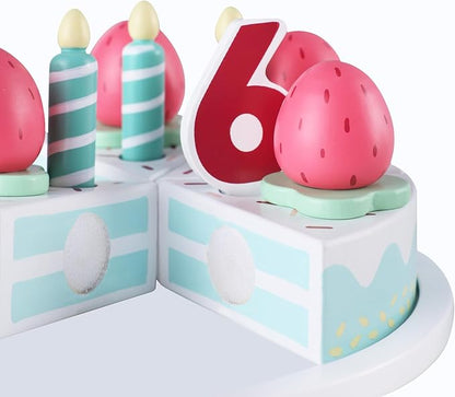 Wooden Birthday Party Cake Toys,Pretend Play Food for Toddlers 1-3, Birthday Cutting Cake Toy with Candles and Numbers, Montessori Tea Party Learning Kitchen Toys for Boys Girls