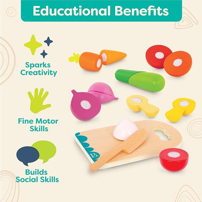 B. toys- Chop 'n' Play - Vegetables- Pretend Play Food Set – 6 Wooden Toy Vegetables to Cut – Hook-and-Loop Play Food for Toddlers, Kids – Safe Knife & Cutting Board – 2 Years +