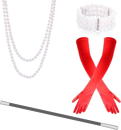 4 PCS Halloween Dalmatian Costume Accessories for Women Include Long Red Gloves Pearl Beads Necklace Bracelet and Plastic Holder 1920s Accessories for Characters Dress Up