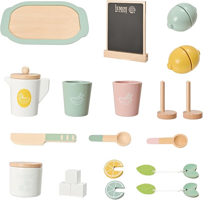 22pcs Wooden Tea Set for Little Girls, Toddler Tea Set with Lemons Kids Pretend Play Kitchen Accessories, Wooden Toys Lemonade Playset Gift Kids Tea Party Set with Sugar and Tea Bag