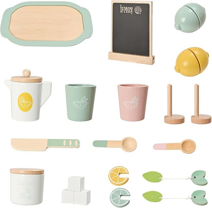 22pcs Wooden Tea Set for Little Girls, Toddler Tea Set with Lemons Kids Pretend Play Kitchen Accessories, Wooden Toys Lemonade Playset Gift Kids Tea Party Set with Sugar and Tea Bag