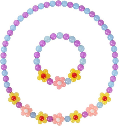 Girls Jewelry Set - Cute Flower Beads Necklace Bracelet-Toddler Girls Flower Jewelry - Stretchy Chunky Costume Jewelry Present Toy-Yellow