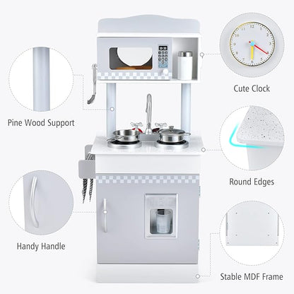 Costzon Kids Kitchen Playset, Double-Sided Wooden Play Kitchen Toy Set w/Realistic Sound, Oven, Ice Cube Dispenser, Utensils, Sink, Large Storage Space, Pretend Chef Cooking Set for Toddlers