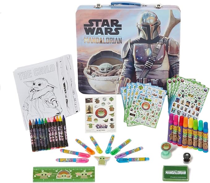 Innovative Designs Star Wars Mandalorian Baby Yoda Deluxe Activity Set for Kids with Carrying Tin, Coloring Sheets, Tattoos, Stickers, & Art Supplies, 500+ Pieces