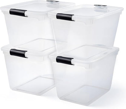 HOMZ 4-Pack 31 Quart Latching Lid, Clear Plastic Storage Organizer Bins, Gray – Stackable Containers for Home & Office Shelves, Kitchen, Garage, and Bathroom Organization