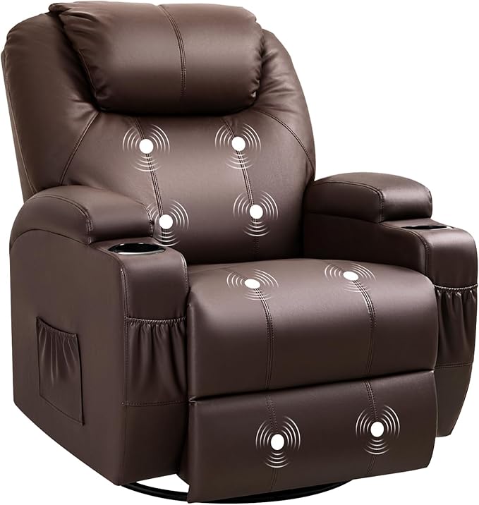 Recliner Chair, 360° Swivel Rocker Chair for Adults, Rocking Recliner Chair with Massage, Comfy Single Sofa with Side Pockets Cup Holders for Living Room, Bedroom, Nursery (Leather, Dark Brown)