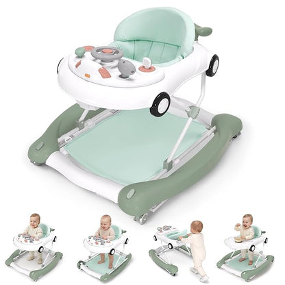 5-in-1 Convertible Baby Walker with Steering Wheel Music Activity Center – Infant Rocker, Jumper, Push Walker, Bouncer & Feeding Foldable Walker for Ages 6-18 Months Boys Girls (Mint)