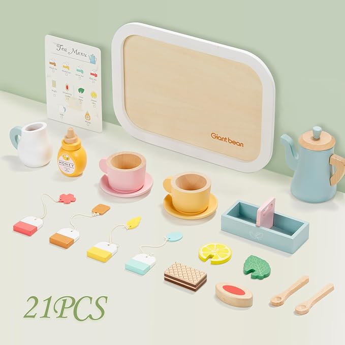 Giant bean Kids Wooden Tea Set for Little Girls, 21 PCS Kitchen Playset Toys Gifts for Toddlers Kids Boys 1 2 3 4 5 6, Play Kitchen Accessories for Kids Tea Party