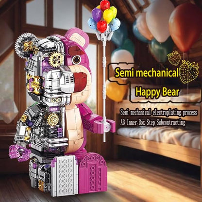 Pink Small Particles(1729 Pieces)Semi-Mechanical Building Block Teddy Bear Compatible with Lego Suitable for Ages 15+ Comes with a Transparent Display Box and a Multi-Functional Building Block Hammer