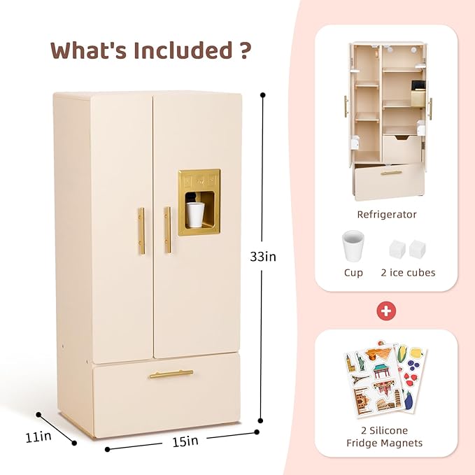 Play Refrigerator for Kids, Wooden Play Fridge with Ice Maker, Pretend Playset Toy Kitchen Sets for Toddlers