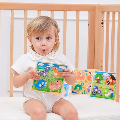 GRINNNIE Wooden Toddler Puzzles, 1 2 3 Years Old Learning Montessori Peg Puzzle Toy Set for Toddlers, 4 Pcs Educational Portable Size Travel Knob Puzzle Toys, Gift for 1-3 Boy Girl Birthday Christmas