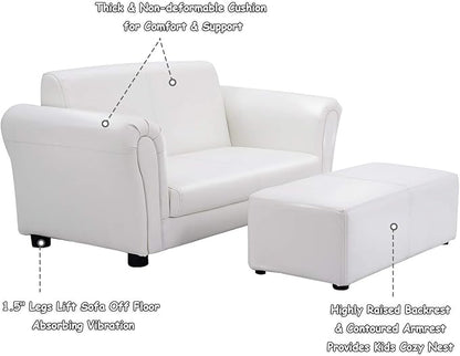 Costzon Kids Couch with Footstool, 2 in 1 Double Seat Children's Sofa w/PU Leather Surface, Armrest Chair Lounge, Soft Kids Sofa for Preschool Bedroom Kids Room Toddlers Boys Girls Birthday (White)