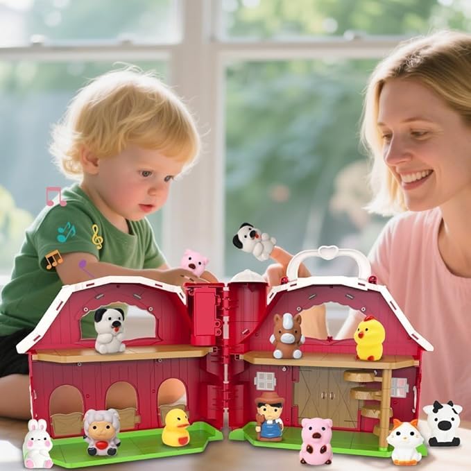 Kimicare Musical Red Barn Toy Farm Animal Finger Puppets for 3 4 5 Years Old, Animal Figures Playset with Farm Baby Book, Sensory Learning Toys Birthday Gifts for Kids Boys Girls