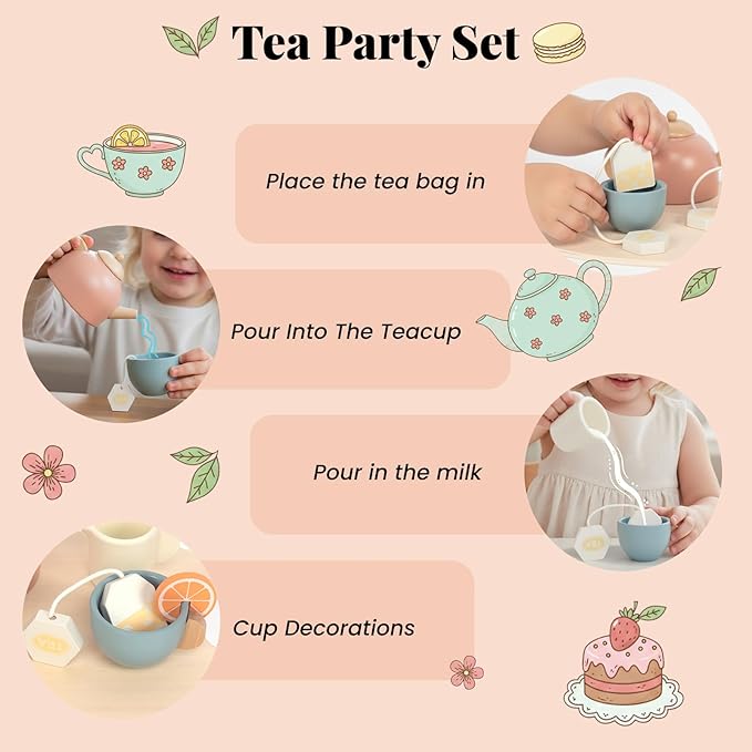 Wooden Tea Sets for Toddlers 3-5, Girl Chrismas Birthday Gift 3 Year Old Princess Party, Wooden Play Food Toy Sets for Kids Kitchen Accessories